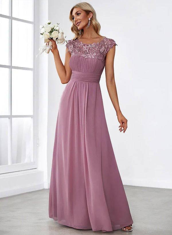 A-Line Scoop Neck Sleeveless Chiffon Floor-Length Bridesmaid Dresses Featuring Back Hole Lace