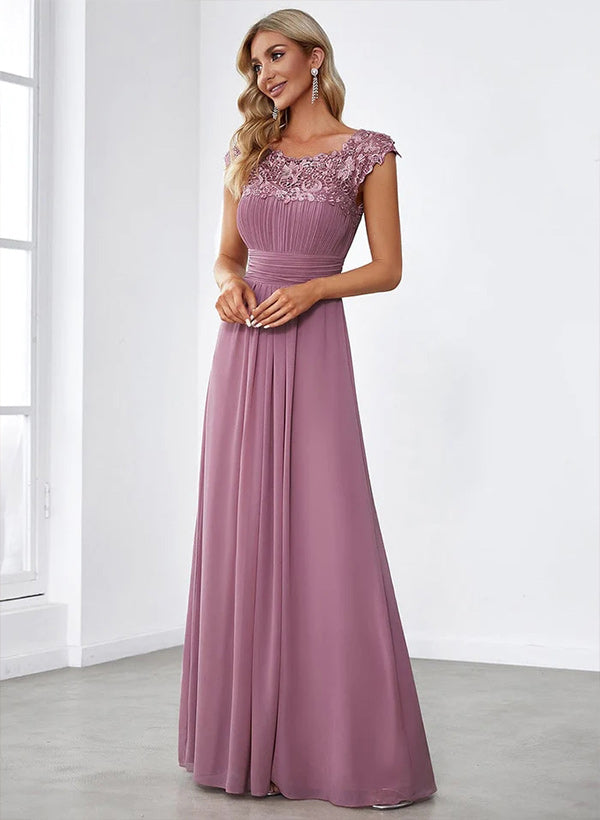 A-Line Scoop Neck Sleeveless Chiffon Floor-Length Bridesmaid Dresses Featuring Back Hole Lace