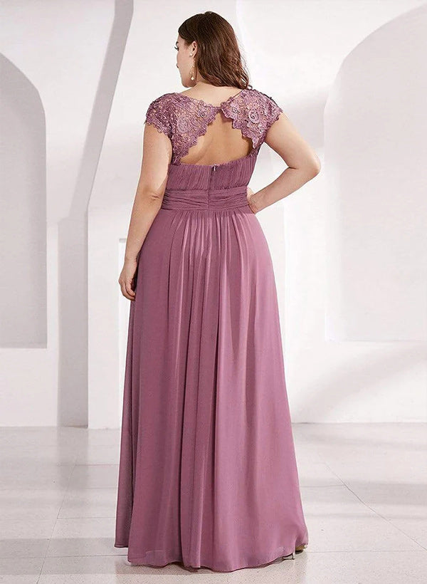 A-Line Scoop Neck Sleeveless Chiffon Floor-Length Bridesmaid Dresses Featuring Back Hole Lace