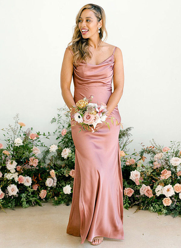 Cowl Neck Sleeveless Silk Like Satin Bridesmaid Dresses With Split Front