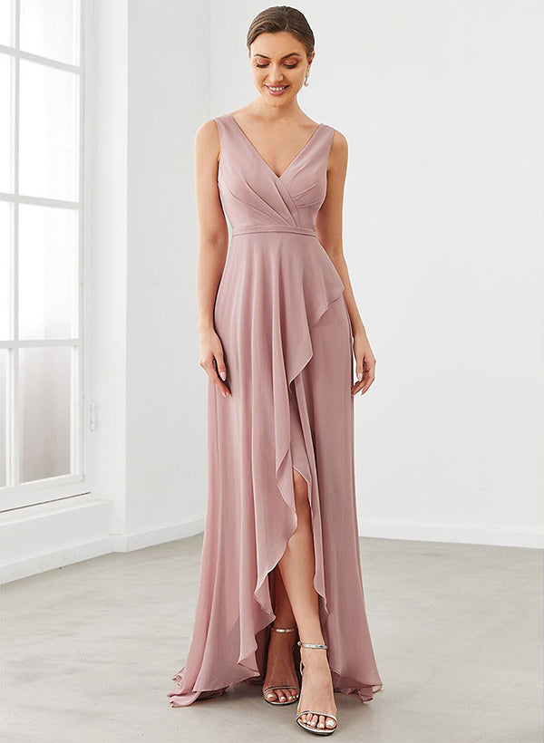 V-Neck Sleeveless A-Line Bridesmaid Dresses With Ruffle Chiffon Regular Straps Asymmetrical