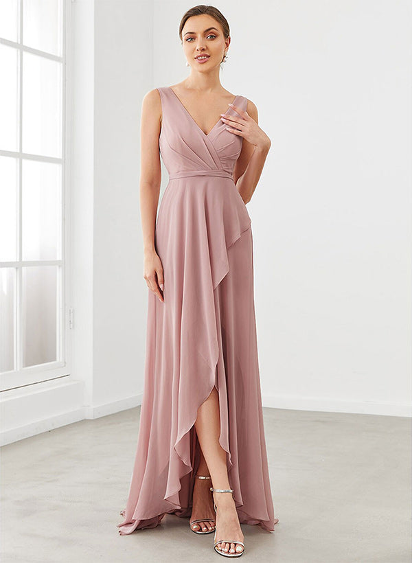 V-Neck Sleeveless A-Line Bridesmaid Dresses With Ruffle Chiffon Regular Straps Asymmetrical