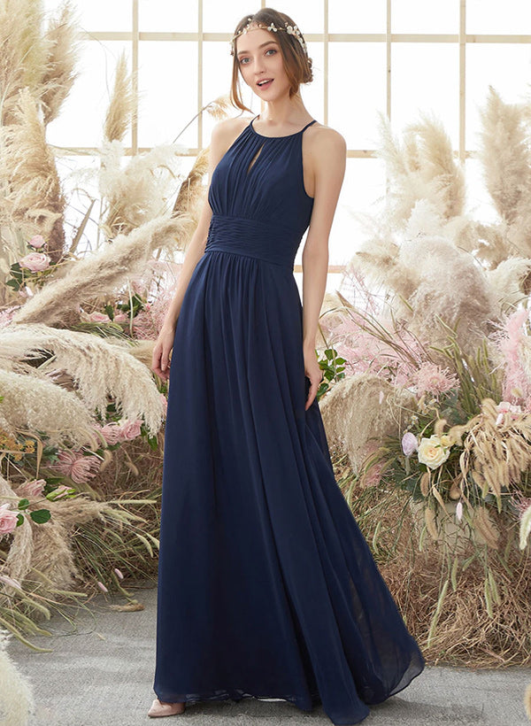 High Neck Sleeveless Spaghetti Straps Chiffon Floor-Length Bridesmaid Dresses With Pleated A-Line