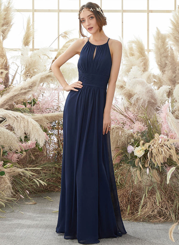 High Neck Sleeveless Spaghetti Straps Chiffon Floor-Length Bridesmaid Dresses With Pleated A-Line