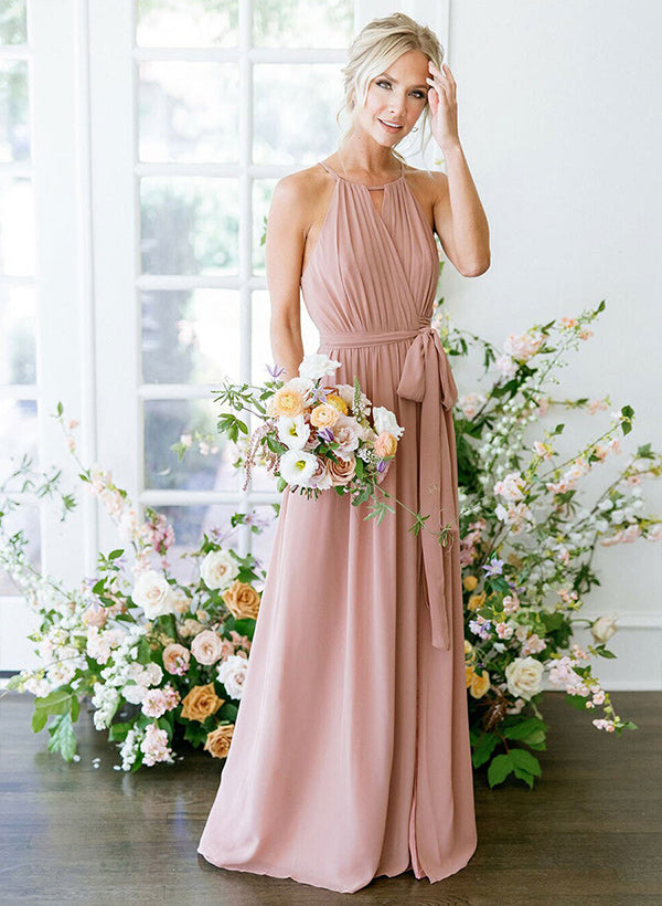 High-Neck Sleeveless Chiffon Floor-Length Bridesmaid Dress