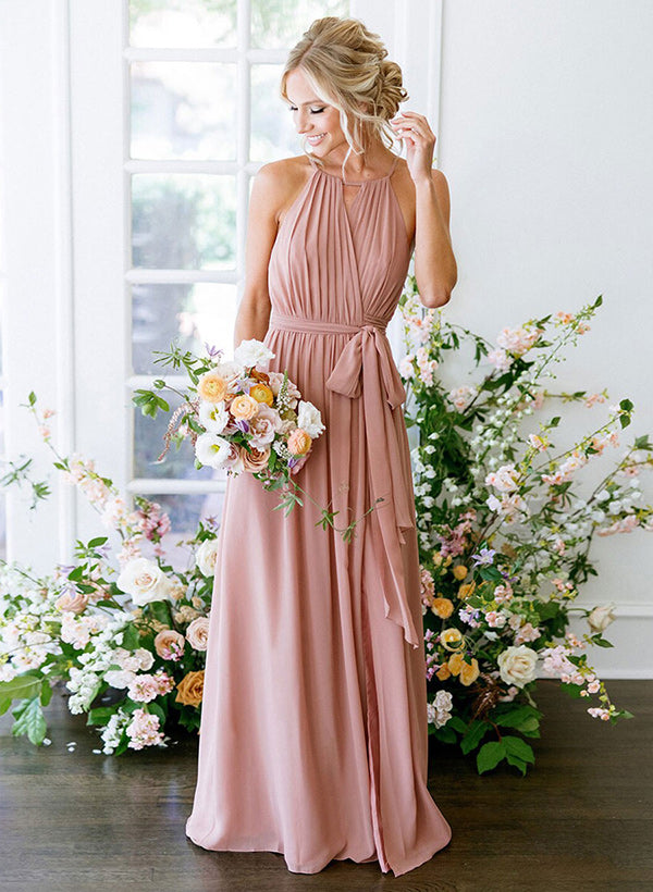 High-Neck Sleeveless Chiffon Floor-Length Bridesmaid Dress