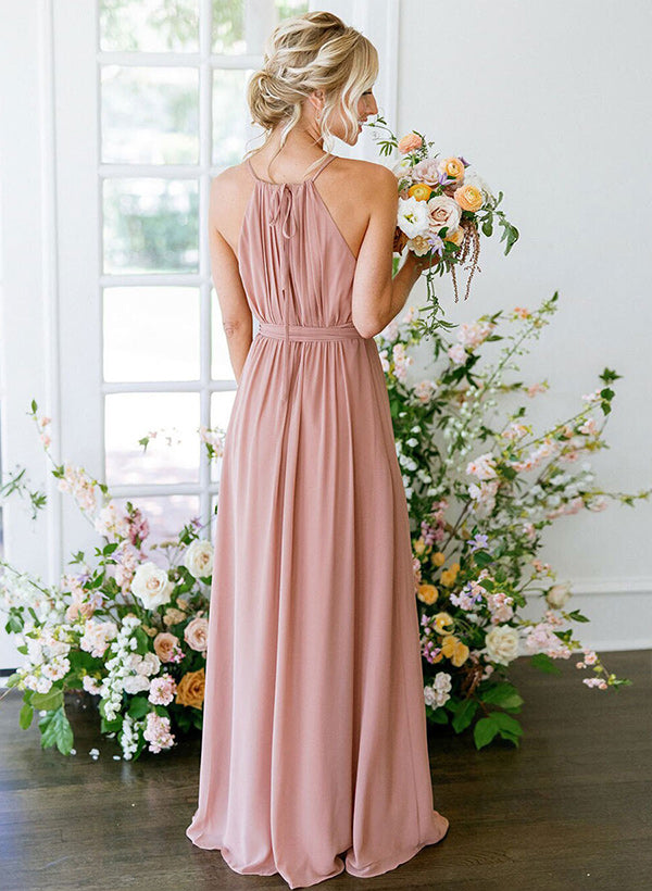 High-Neck Sleeveless Chiffon Floor-Length Bridesmaid Dress