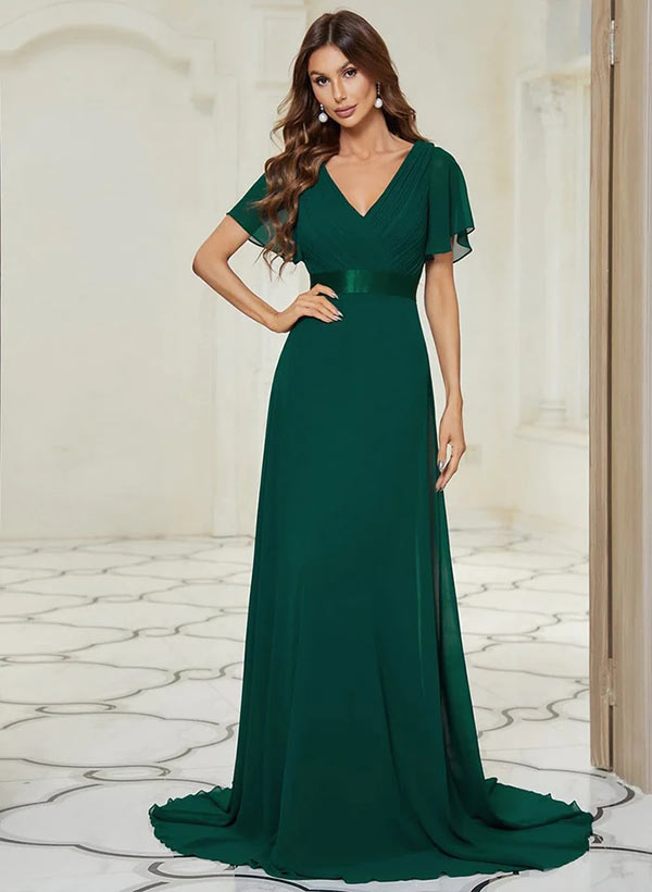 Short Sleeves V-Neck A-Line Chiffon Bridesmaid Dresses With Pleated Sweep Train