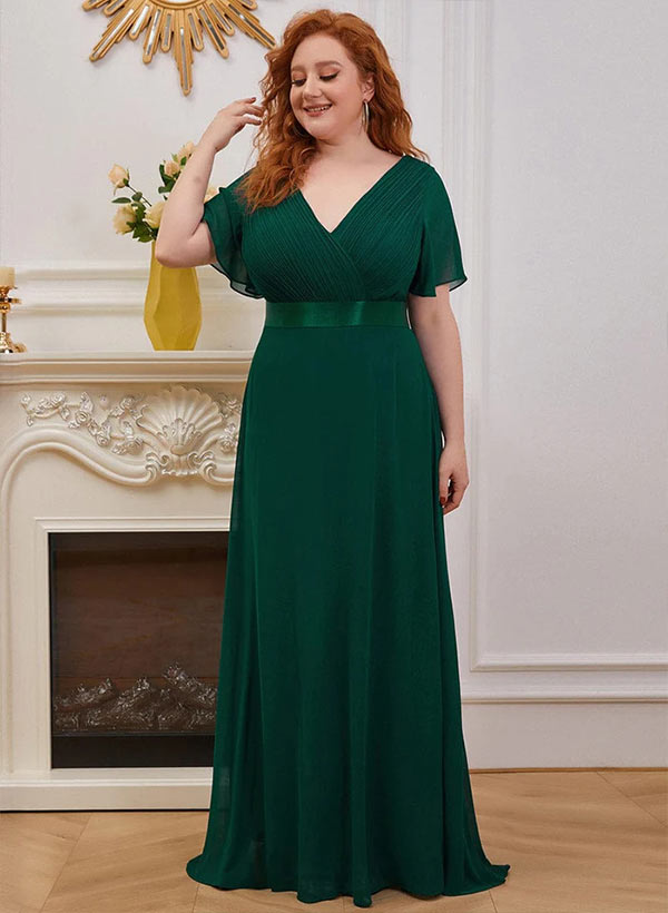 Short Sleeves V-Neck A-Line Chiffon Bridesmaid Dresses With Pleated Sweep Train
