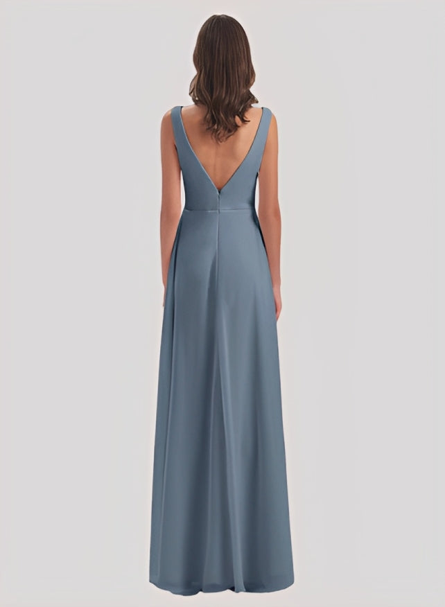 A-Line V-Neck Sleeveless Chiffon Floor-Length Bridesmaid Dress With Split Front Pleated