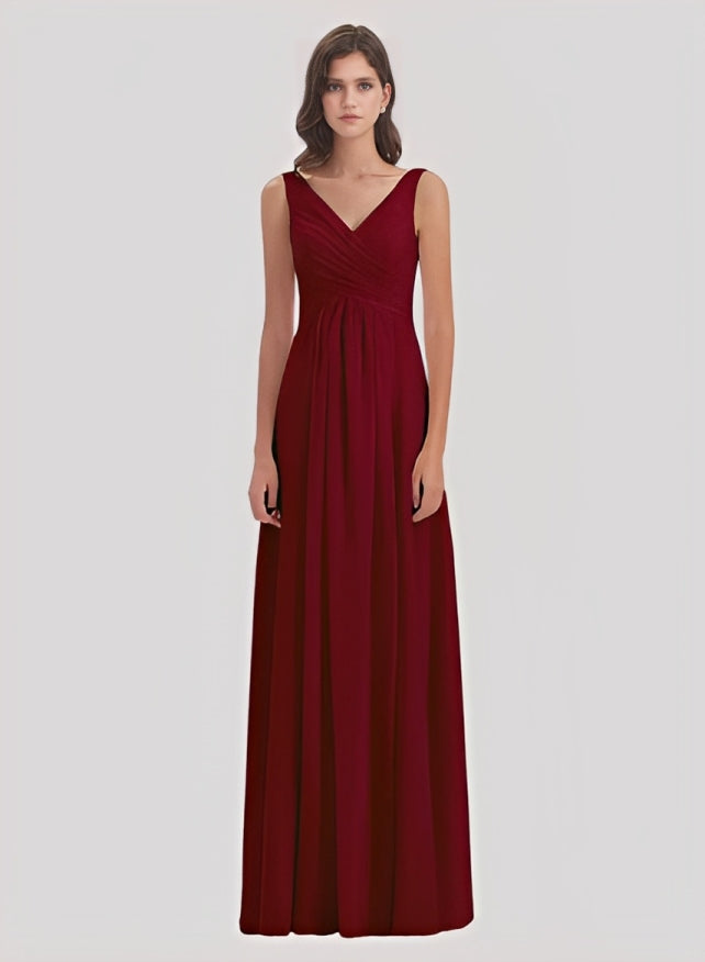 A-Line V-Neck Sleeveless Chiffon Floor-Length Bridesmaid Dress With Split Front Pleated