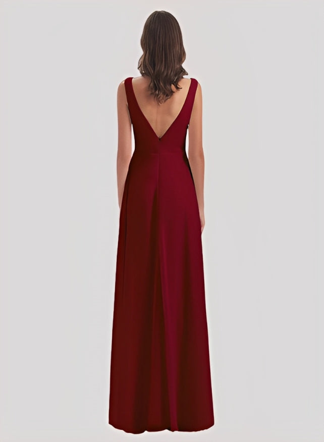 A-Line V-Neck Sleeveless Chiffon Floor-Length Bridesmaid Dress With Split Front Pleated