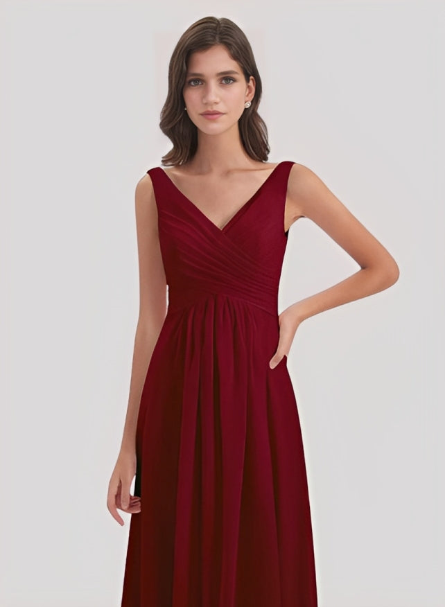 A-Line V-Neck Sleeveless Chiffon Floor-Length Bridesmaid Dress With Split Front Pleated