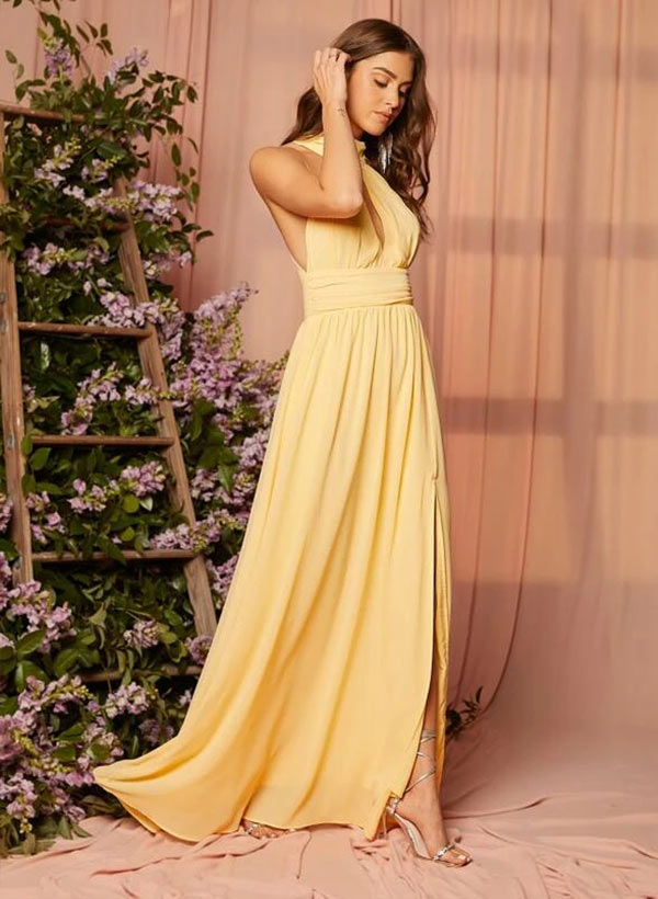 Halter Chiffon Bridesmaid Dress - A-Line Floor-Length