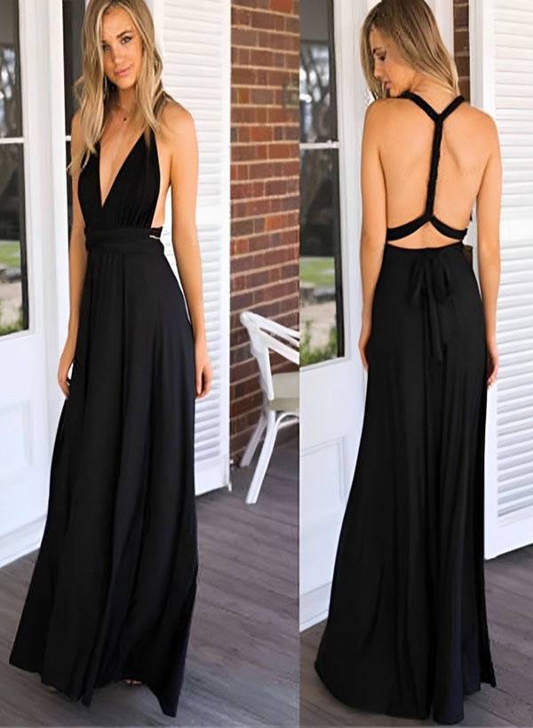 A-Line V-Neck Floor-Length Jersey Bridesmaid Dress