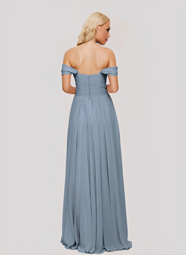 Off-The-Shoulder Short Sleeves Chiffon Floor-Length Bridesmaid Dress With Pleated