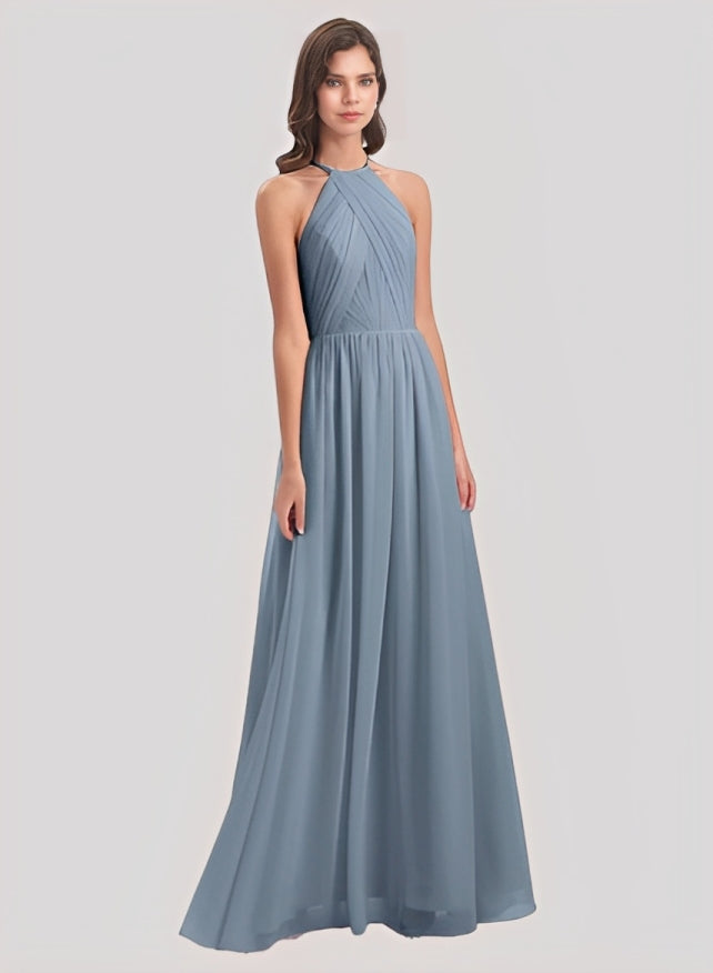 A-Line Halter Sleeveless Floor-Length Chiffon Bridesmaid Dresses With Back Hole