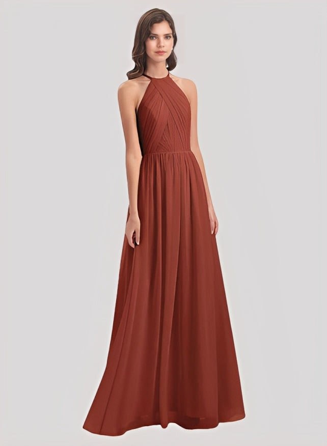 A-Line Halter Sleeveless Floor-Length Chiffon Bridesmaid Dresses With Back Hole