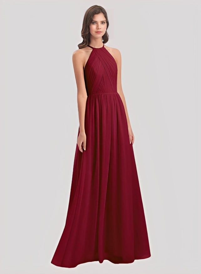 A-Line Halter Sleeveless Floor-Length Chiffon Bridesmaid Dresses With Back Hole