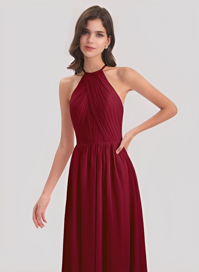 A-Line Halter Sleeveless Floor-Length Chiffon Bridesmaid Dresses With Back Hole