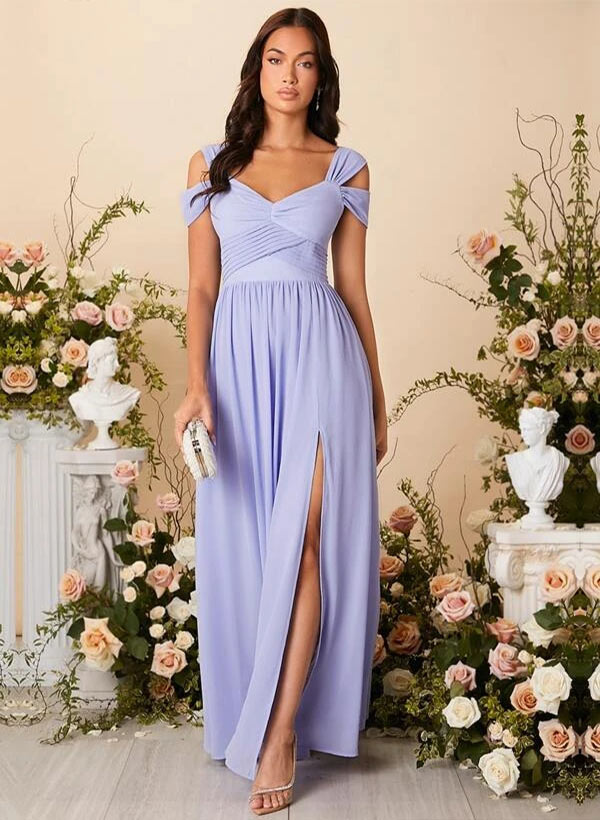 A-Line V-Neck Floor-Length Chiffon Bridesmaid Dress With Front Split