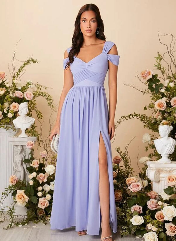 A-Line V-Neck Floor-Length Chiffon Bridesmaid Dress With Front Split