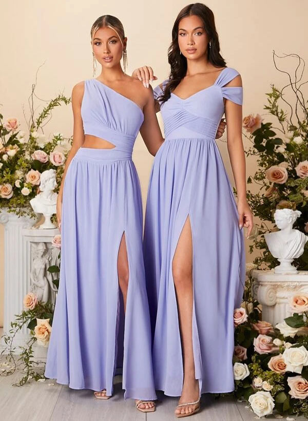 A-Line V-Neck Floor-Length Chiffon Bridesmaid Dress With Front Split