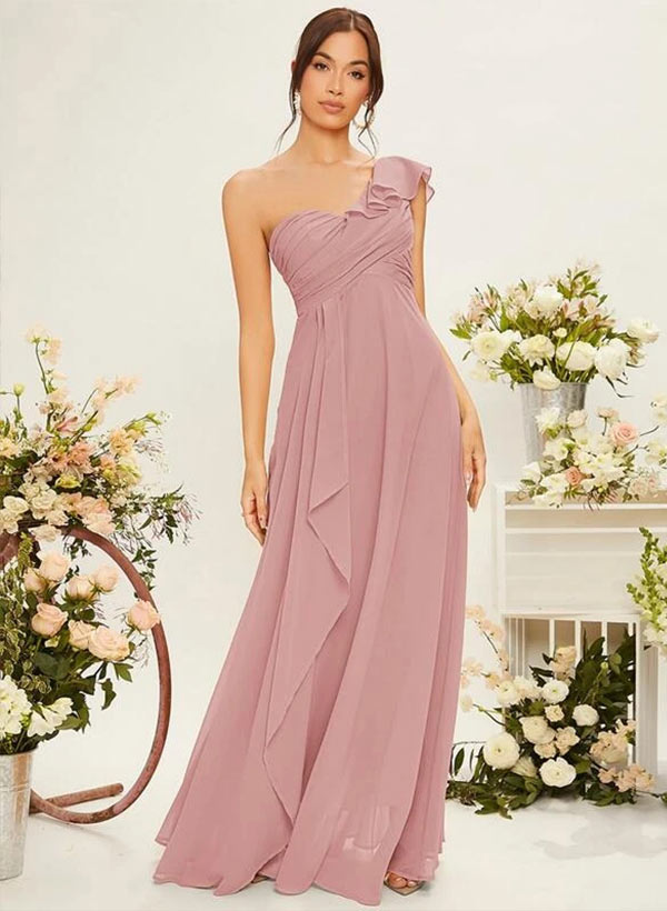 One-Shoulder Chiffon Bridesmaid Dress With Cascading Ruffles