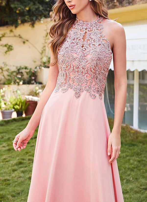 A-Line Halter Floor-Length Chiffon Bridesmaid Dress Featuring Lace