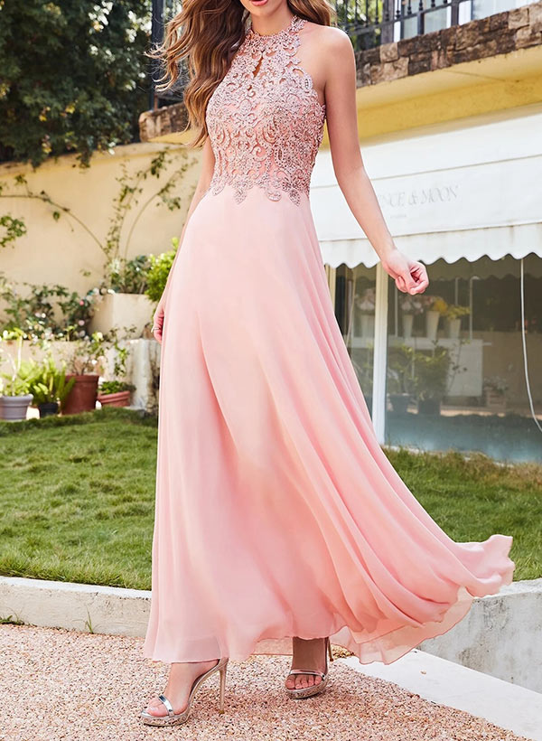 A-Line Halter Floor-Length Chiffon Bridesmaid Dress Featuring Lace