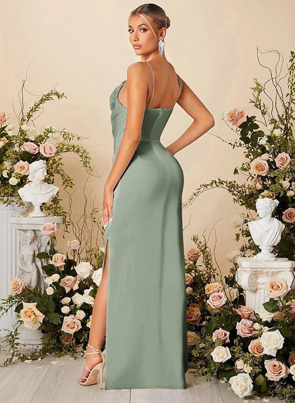 Cowl Neck Floor-Length Silk Like Satin Bridesmaid Dress With Split Front