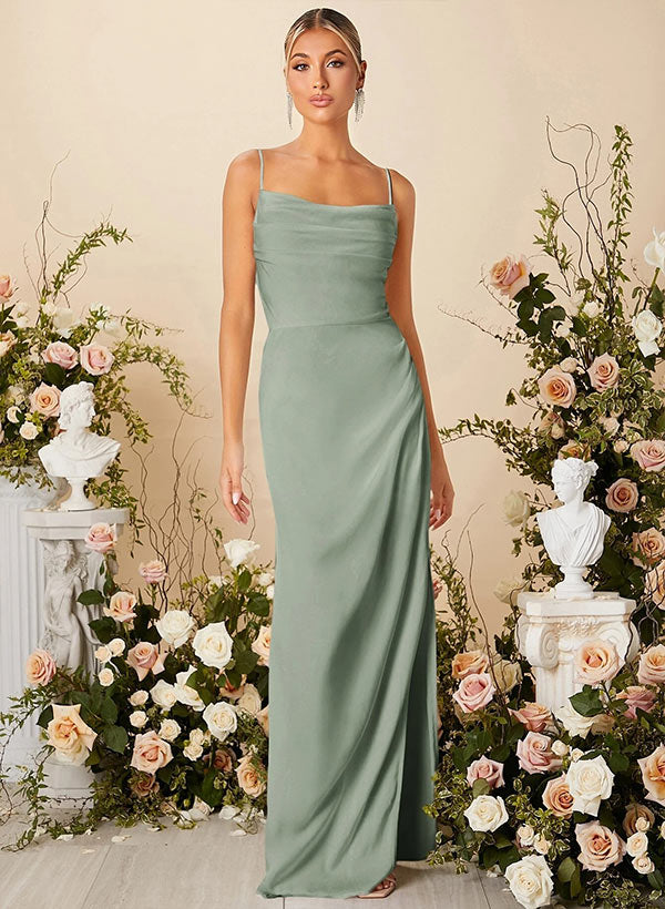 Cowl Neck Floor-Length Silk Like Satin Bridesmaid Dress With Split Front