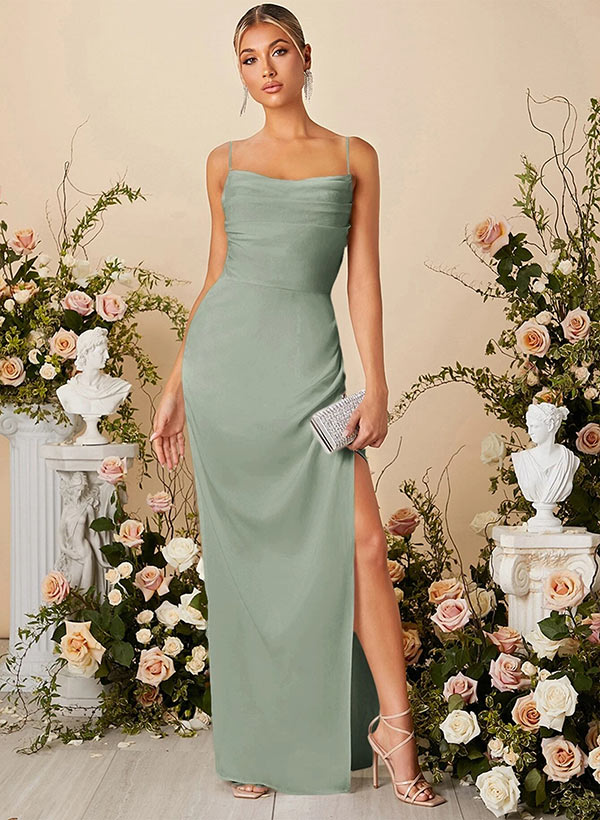 Cowl Neck Floor-Length Silk Like Satin Bridesmaid Dress With Split Front