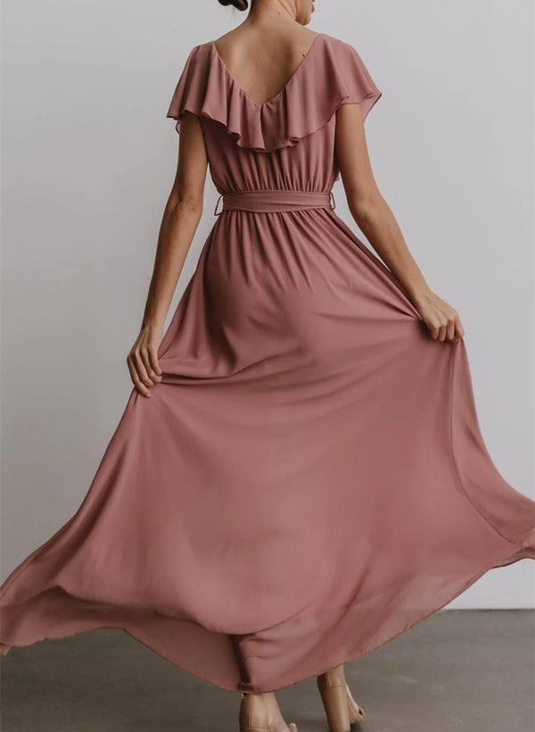 Chiffon Asymmetrical Bridesmaid Dress with Bows