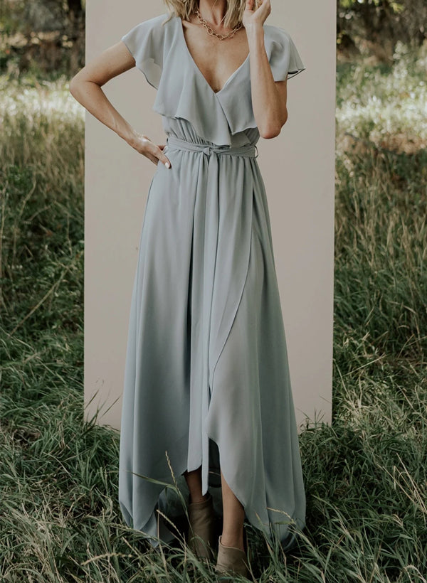 Chiffon Asymmetrical Bridesmaid Dress with Bows