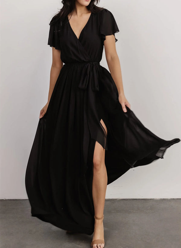 A-Line V-neck Short Sleeves Chiffon Floor-Length Bridesmaid Dress With Bows