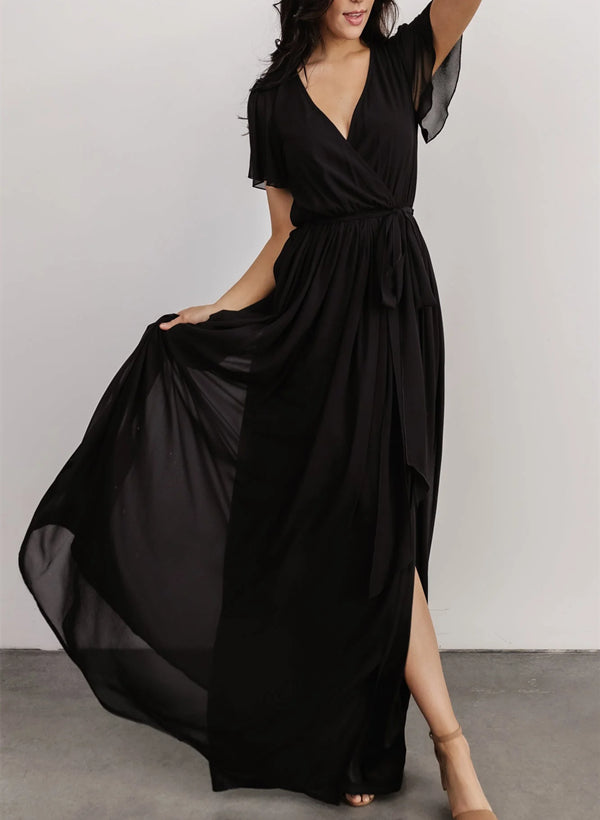 A-Line V-neck Short Sleeves Chiffon Floor-Length Bridesmaid Dress With Bows