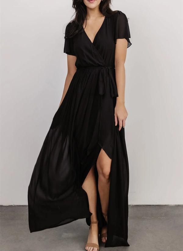 A-Line V-neck Short Sleeves Chiffon Floor-Length Bridesmaid Dress With Bows