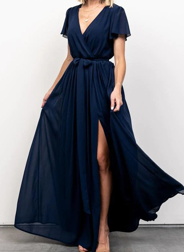 A-Line V-neck Short Sleeves Chiffon Floor-Length Bridesmaid Dress With Bows