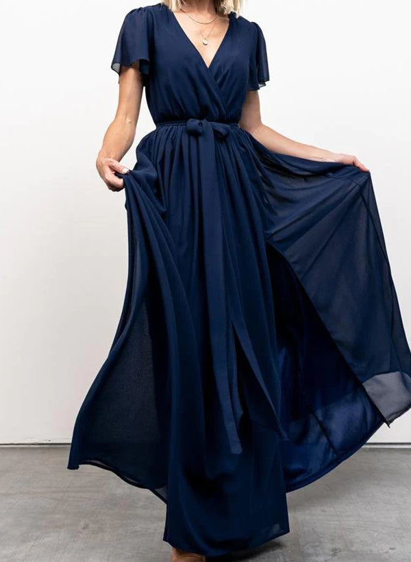 A-Line V-neck Short Sleeves Chiffon Floor-Length Bridesmaid Dress With Bows