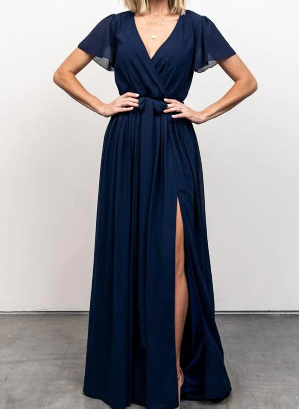 A-Line V-neck Short Sleeves Chiffon Floor-Length Bridesmaid Dress With Bows