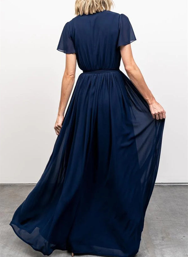 A-Line V-neck Short Sleeves Chiffon Floor-Length Bridesmaid Dress With Bows