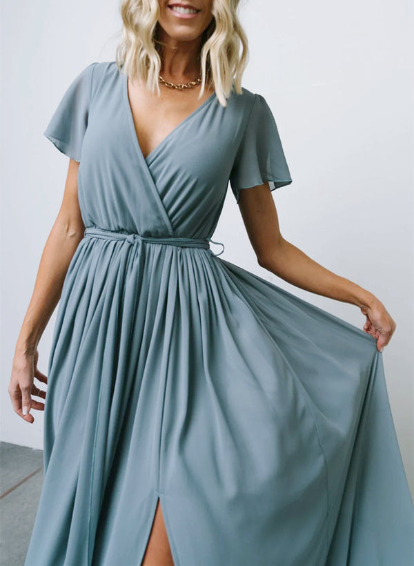 A-Line V-neck Short Sleeves Chiffon Floor-Length Bridesmaid Dress With Bows