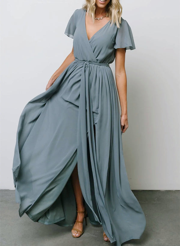 A-Line V-neck Short Sleeves Chiffon Floor-Length Bridesmaid Dress With Bows