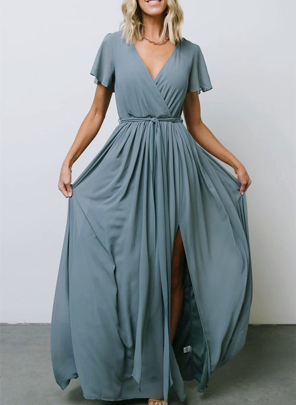 A-Line V-neck Short Sleeves Chiffon Floor-Length Bridesmaid Dress With Bows