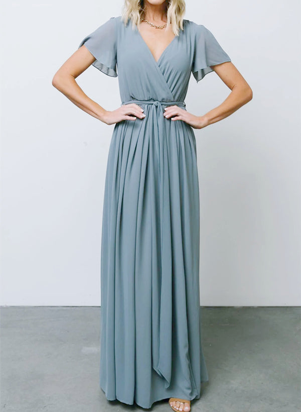 A-Line V-neck Short Sleeves Chiffon Floor-Length Bridesmaid Dress With Bows