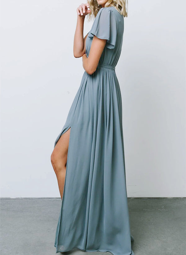 A-Line V-neck Short Sleeves Chiffon Floor-Length Bridesmaid Dress With Bows