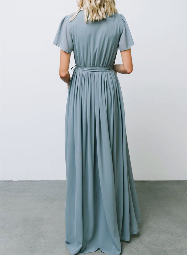 A-Line V-neck Short Sleeves Chiffon Floor-Length Bridesmaid Dress With Bows