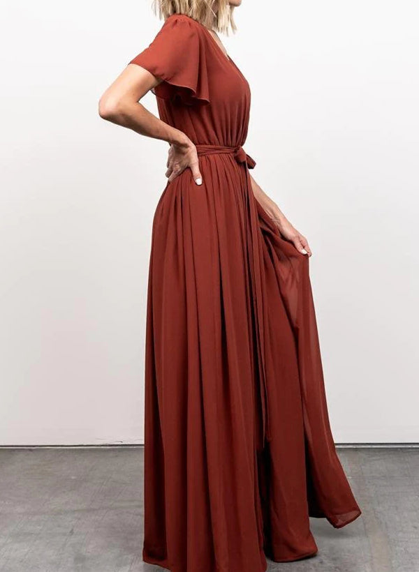 A-Line V-neck Short Sleeves Chiffon Floor-Length Bridesmaid Dress With Bows