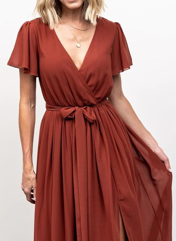 A-Line V-neck Short Sleeves Chiffon Floor-Length Bridesmaid Dress With Bows